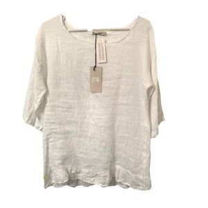 Lungo L’arno NWT 100% Italian Linen White Top 3/4 Sleeve With Ruffle Hem Large